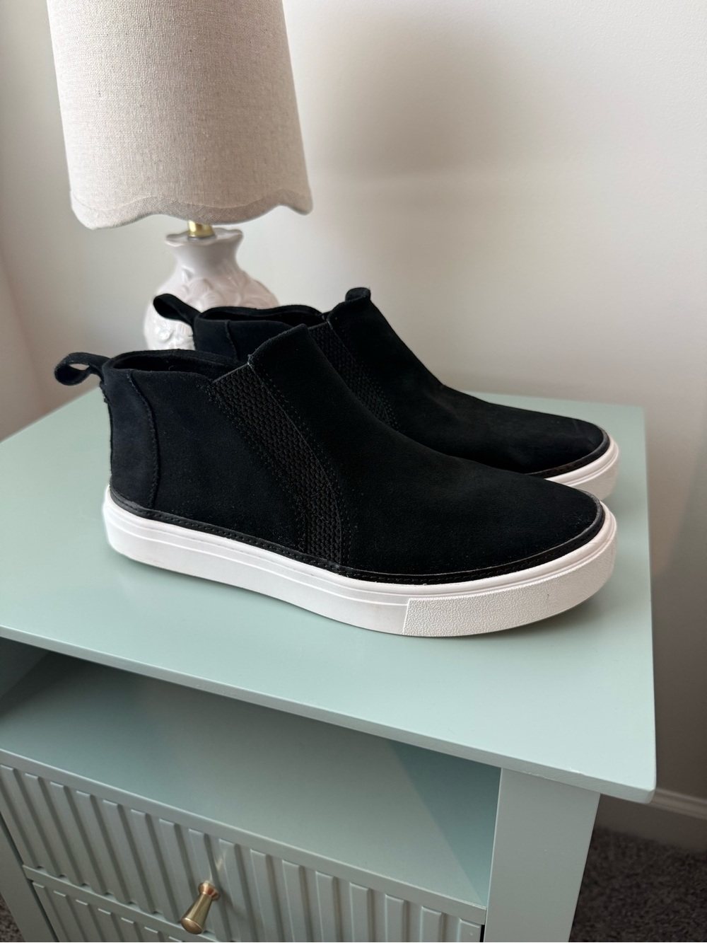 Women's 7.5 Black Slip-On Suede Sneakers with White Sole